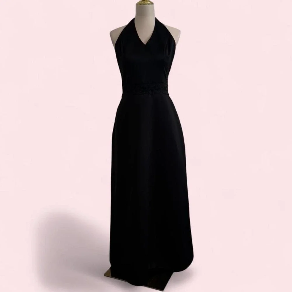 Vintage By Venus Black Satin‎ Halter Gown w/ Beaded Waist — Size 8